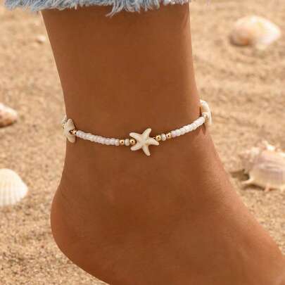 1件时尚复古沙滩风天然海星可调节米珠脚链饰品，适合旅行