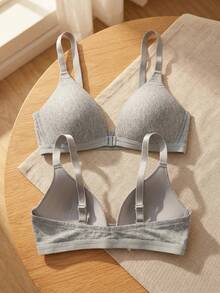 1pc Women's V-Neck Comfortable Wireless Front Closure Soft Cup Cotton Solid Color Bra With Adjustable Straps - Grey - View 7