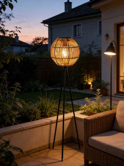 1pc Solar-Powered Rattan Floor Lamp. This Metal-Free Plastic Rattan Solar Lamp Features A Woven Rattan Texture And Emits A Warm Glow. Suitable For Patios, Paths, Porches, And Gardens. It's Also A Solar-Powered Garden Lamp That Automatically Lights Up At Dusk.