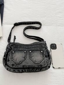 New Casual Chic Soft Jeans Multi-Layer Crossbody Bag With Multiple Pockets, Versatile Commuter Large Capacity Women's Shoulder Bag, Suitable For Work Commuting, Shopping And Traveling. - màu đen - Xem 7