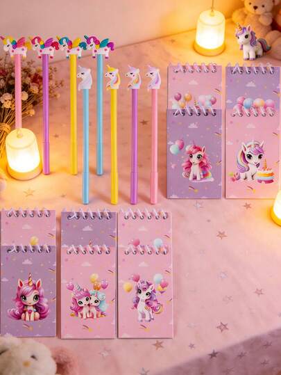 16 ชิ้น สมุดโน้ตและชุดเครื่องเขียนลายยูนิคอร์น, ประกอบด้วยสมุดโน้ตลายยูนิคอร์น, ปากกาลูกลื่น, สมุดโน้ตขนาดเล็ก, ของชำร่วยงานปาร์ตี้ยูนิคอร์นน่ารัก, ของขวัญวันเกิด, อุปกรณ์สำนักงาน/โรงเรียน, ของขวัญเปิดเทอม