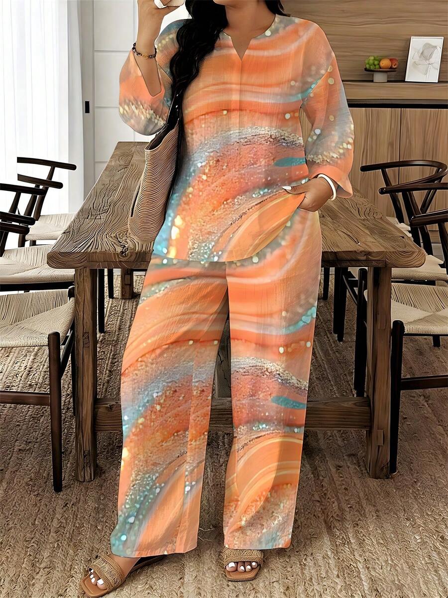 Plus Size Women's Two-Piece Set With Orange-Gold Quicksand Print, Drawstring Pocket Design, Woven Machine-Washable Quick-Dry Loose Fit, Suitable For Vacation Travel And Daily Street Styling - 彩色 - 查看 1