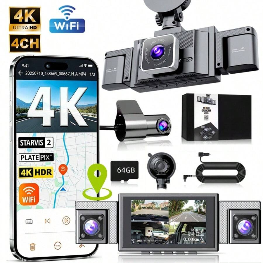 4-Channel 4K Dash Cam Front Rear Left Right, 3'' IPS Screen, Dual Lens, Night Vision, Loop Recording, 24H Parking Monitor, 5G WiFi, External GPS, G-Sensor, Motion Detection, Car Security Camera, Support 64GB TF Card - Upgraded Version:4-cH(WiFi+GPS)+64G Card - View 1