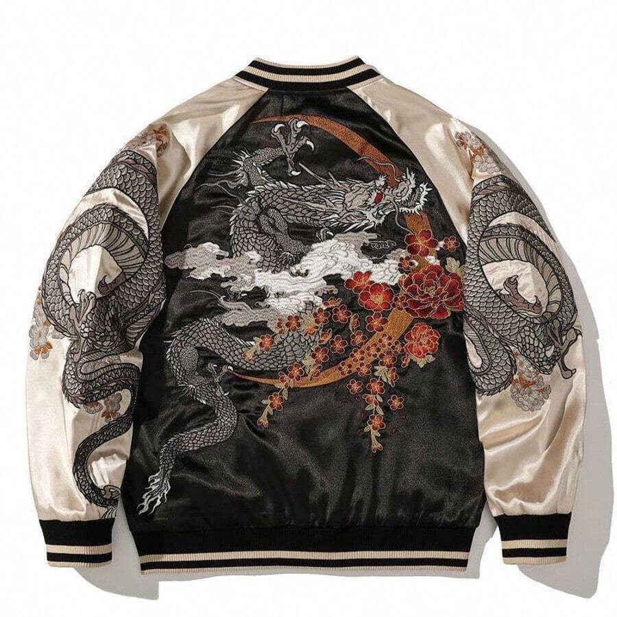 Dragon Printed Baseball Jacket Jacket For Men And Women China-Chic Heavy Industry Popular Color Contrast Chinese Style Niche - 黑杏 - 查看 1