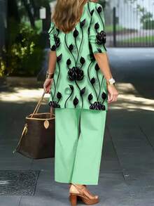 Plus Size Women's Fashionable Printed 3 Pieces Outfit Set Spring Elegant - Cadet Blue - View 2