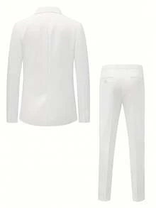 Men'S Classic Two-Piece Business Suit Featuring A Solid Color Blazer And Pants With Functional Pockets, Ideal For Formal Occasions Such As Weddings, Interviews, Parties - White - View 2