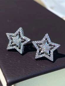 1 Pair Sparkling Rhinestone Star Earrings, Korean Elegant Minimalist Star Stud Earrings For Women, Party & Gift - Silver - View 4