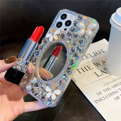 New Luxury Bling Rhinestone Pearl Flower Mirror Phone Case For IPhone 17 Pro Max/17 Pro/17/16 Pro Max/16 Pro/16/15 Pro Max/15 Pro/15/14 Pro Max/13/11/12, High-End Fashion Phone Case