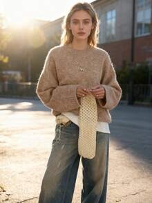 VIBEWAVE Heather Gray Vintage American Style Crew Neck Sweater, Slouchy Elegant Knit Top For Autumn/Winter - Khaki - View 2