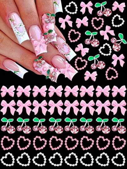 35 pièces/paquet de nouveaux accessoires à la mode pour les ongles pour le printemps et l'été, série rose avec strass, cerises en alliage d'argent, perles mignonnes, nœud en résine. Ensemble d'accessoires de décoration d'ongles sans parfum 3D - cœur rose, nœud et strass de cerise rose. Matériaux de conception de manucure et de coque de téléphone de style japonais simple et polyvalent pour dame à la mode, pierres précieuses pour ongles, fournitures pour ongles.