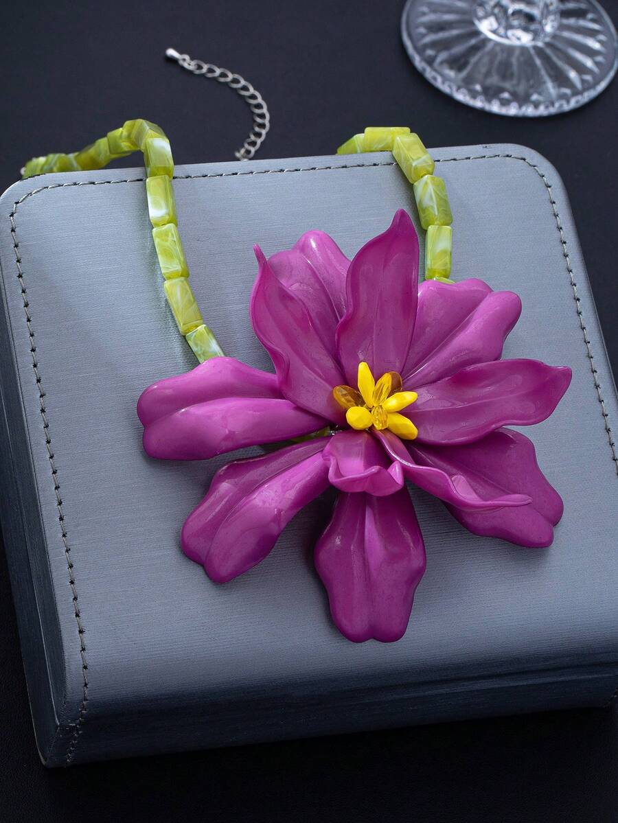 1 chiếc vòng cổ hoa dệt màu tím phóng đại, vòng cổ choker thời trang độc đáo, mặt dây chuyền mùa hè đa năng - Màu tím - Xem 1