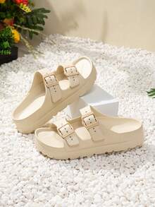 New Fashionable Women Thick Sole Slide Sandals, Non-Slip Soft Strap Outdoor Wear Durable Shock-Absorbing Comfortable Sandals - Beige - View 2