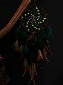 1 pieza Atrapasueños decorativo con cuentas que brillan en la oscuridad, árbol de la vida de doble anillo, estilo bohemio, decoración colgante de pared (las plumas son artificiales) - Anillos dobles luminosos - Ver 7