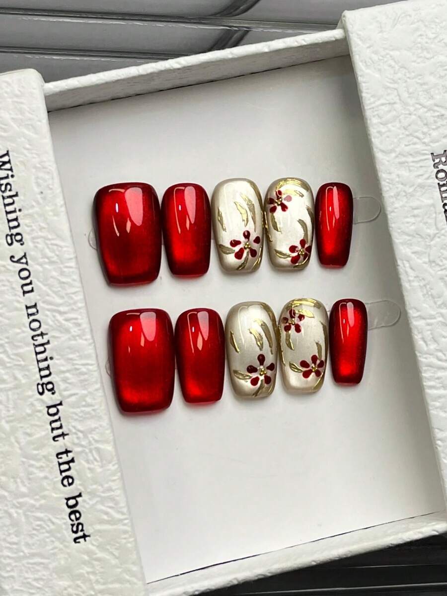 10片手工方形亚克力美甲贴片，中号，简约红色美甲，闪亮猫眼图案，无宝石或装饰，手绘简约花朵，简约优雅奢华手工美甲，秋季美甲，秋季贴片美甲，可爱美学，百搭美甲，DIY假指甲，适合派对、日常、约会、海滩、热带度假等场合，可重复使用，适合女性和女孩作为礼物，美甲用品 - 紅色 - 查看 1