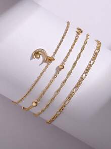 Nooxian 4pcs/Set Bohemian Beach Resort Micro-Inlaid Zirconia Star & Moon Pendant Multi-Layer Anklet, Suitable For Women Holiday Casual Wear (Bead Quantity Random) - Yellow Gold - View 5