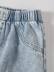 1 pieza Jeans rectos y sueltos de estilo casual y para exteriores con estampado de calavera y letras en inglés para niñas, verano - Lavado ligero - Ver 4