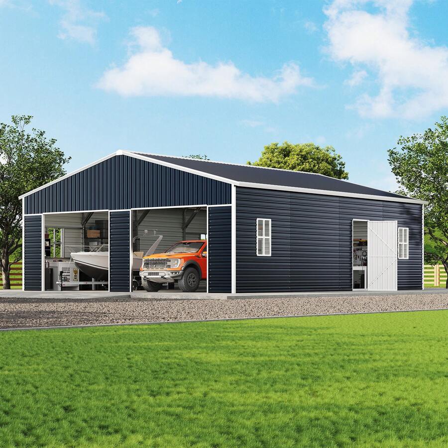 25*30*11.5 FT Extra Large Metal Garage Shed – Heavy-Duty Carport With Double Front Doors, Side Door & 4 Windows For Truck, Boat & Tractor Storage - Grey - View 1