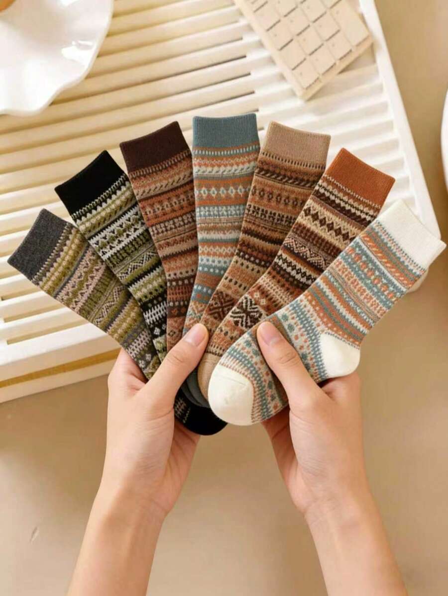 5双女士复古条纹加厚保暖袜，费尔岛图案，中筒长度，秋冬季，随机款式 - 彩色 - 查看 1