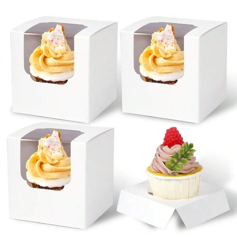 6 Hộp giấy đựng bánh cupcake kích thước 3.5" x 3.5" x 3.5" màu nâu Kraft, hộp giấy đựng bánh cupcake riêng lẻ số lượng lớn có khay lót và cửa sổ, hộp đựng bánh cacao dùng làm quà tặng cho tiệm bánh (Nâu/70 cái) - Trắng - Xem 1