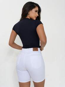Women's White High-Waisted Mid-Thigh Shorts,  Casual Denim Clothing For Everyday Wear - BRANCO - 查看 3