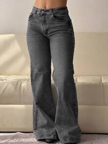 Womens Casual Long Denim Jeans With Flare Leg Washed Details And Pockets Slight Stretch - 灰色 - 查看 6