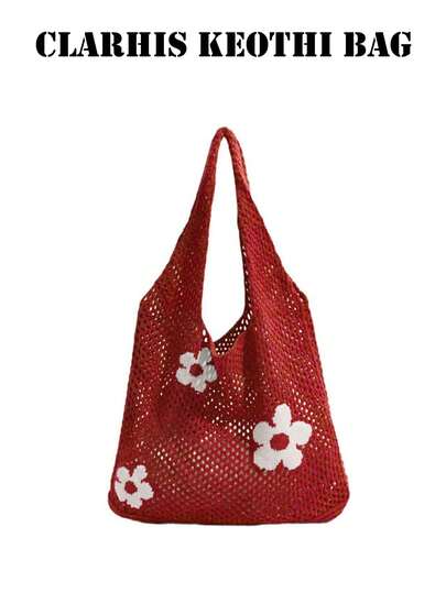 Small Floral Knitted Bag, Versatile Large-Capacity Shopping Bag, Simple Woven Bag, Mesh Hollow-Out Women's Shoulder Bag, Solid Dark Red Women's Woven Beach Tote Bag, Shoulder Bag With Three Small White Flowers, Hollow-Out Design, Open-Top Closure, Double Top Handles, Can Be Worn On The Shoulder Or Carried By Hand, Suitable For Girls For Travel, Business Trips, Outings, Vacations, Office, Commuting To And From Work, And Daily Use.