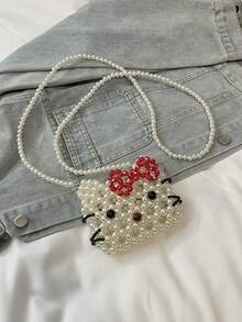 手工迷你珍珠包，时尚单肩斜挎零钱包，可爱卡通设计 - 米色 - 查看 2