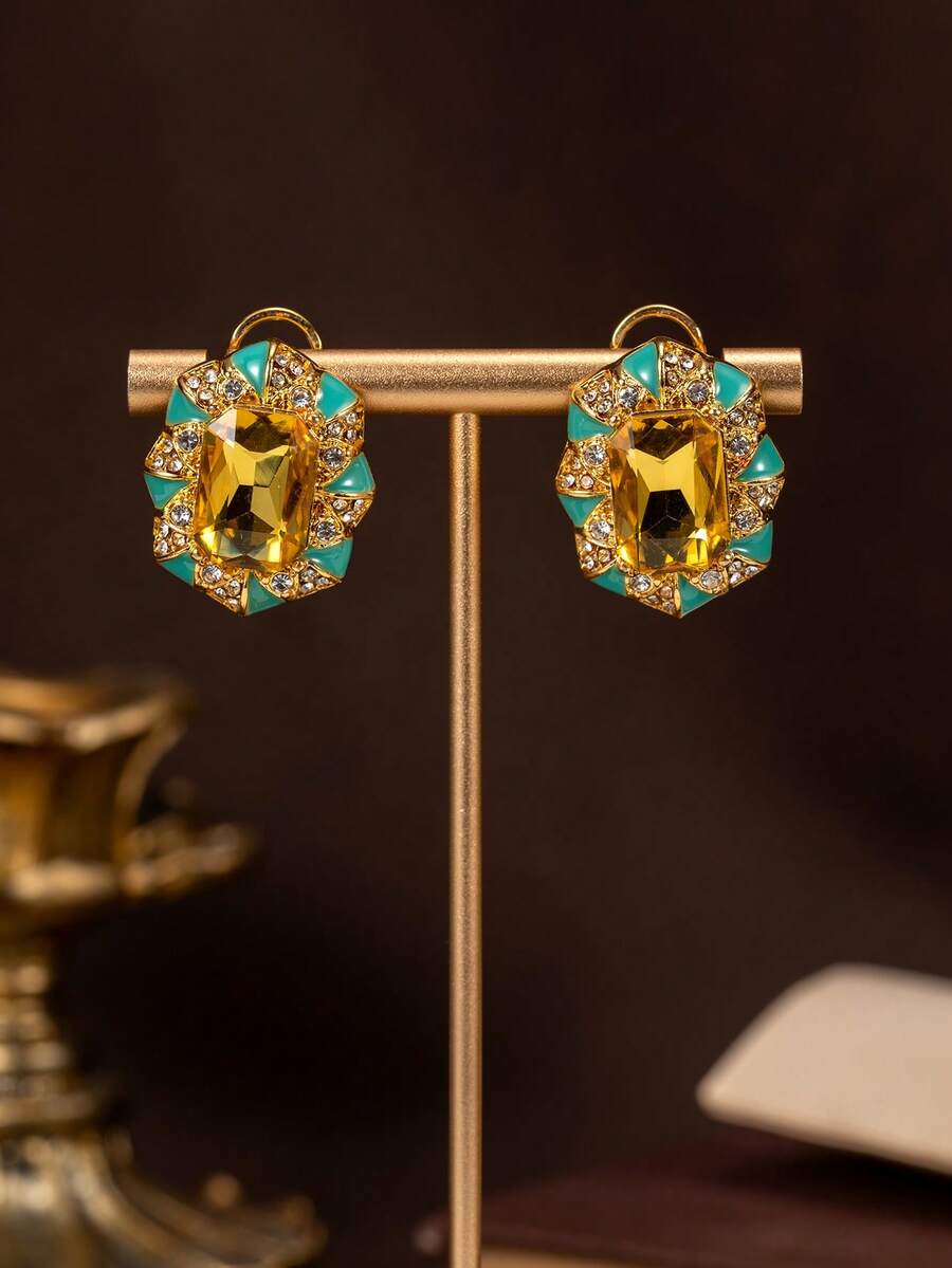 Mid-Century Vintage Exquisite And Gorgeous Yellow Geometric Rhinestone Inlaid With Blue-Green Enamel Fashion Flower Pendant Necklace And Earrings, Suitable For Women's Daily Wear, Parties, Banquets, Festival Accessories, A Gift For Ladies - Earrings - View 1