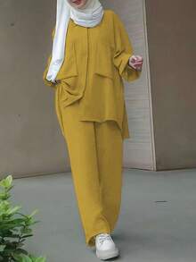 Women's Solid Color Top And Pants Arabic Style Outfit Yellow - Yellow - View 3