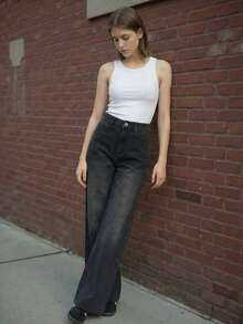 Jeans de pierna ancha y corte holgado de estilo estadounidense negro para mujer, modelo de primavera/otoño 2025, pantalones culotte rectos y de moda - Negro - Ver 3