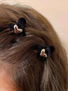 2pcs Flocked Bow Hair Clips, Flocked Material Suitable For Autumn/Winter, Elegant And High-End - Black - View 1