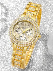 Bộ trang sức cao cấp 6 món hình trái tim đính đá lấp lánh dành cho nữ, bao gồm đồng hồ đeo tay đa chức năng, vòng tay vàng hình trái tim, bông tai, dây chuyền và nhẫn, mang phong cách lấp lánh và sang trọng, toát lên vẻ tinh tế. - Vàng - Xem 3