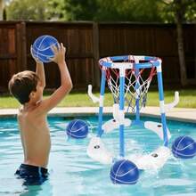 3-in-1 Pool Basketball Hoop Set Floating Pool Toys with Rings Balls Toss Games Pump Outdoor Summer Basketball Game at Swimming Poolside for Ages 4-12 Adults Family Fun - Azul - Ver 5