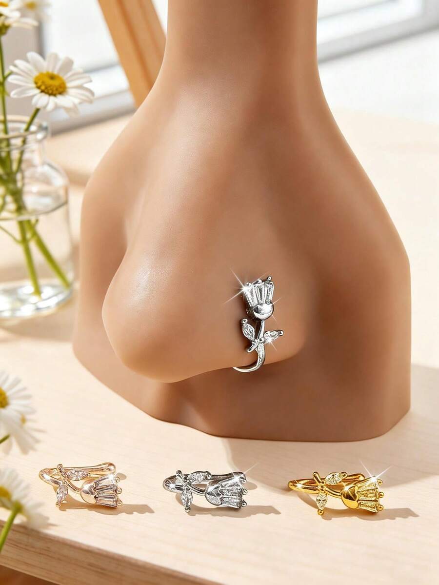 Bộ 4 chiếc/1 chiếc Khuyên mũi giả bằng đồng hình hoa tulip tinh tế, đính đá Zirconia, không cần xỏ lỗ, thích hợp cho nữ, dùng đi hộp đêm, dự tiệc sinh nhật [Lưu ý: Một số sản phẩm được bán riêng lẻ] - Nhiều màu - Xem 1