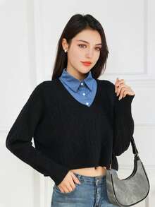 一件可拆卸牛仔尖领蓝色毛衣衬衫，秋冬季百搭叠穿单品，优雅风格 - 彩色 - 查看 9