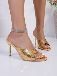 Sandalias de tacón alto para mujer, con estampado dorado en estilo de playa, de elegante piel de PU, con adorno de volantes/esponjoso, adecuadas para vacaciones de verano, fiestas, días festivos y la oficina. Una opción de moda de verano versátil. - Dorado - Ver 6