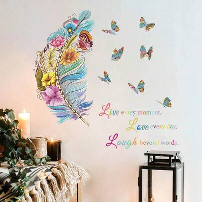 Hình dán tường nhiều màu sắc chủ đề "Sống, Cười, Yêu", cành cây, cây cối, chim chóc, bướm, những câu nói truyền cảm hứng, thích hợp trang trí phòng ngủ, phòng khách, nhà cửa.