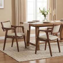 Rubber Wood Dining Chairs Set Of 2 With Arms,Curved Seat & Back For Room,Dark Beige - Beige - View 1