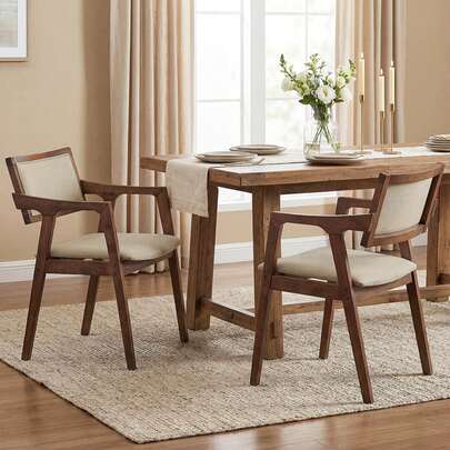 Rubber Wood Dining Chairs Set Of 2 With Arms,Curved Seat & Back For Room,Dark Beige
