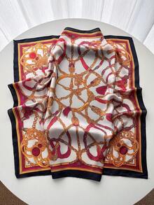 1条方形真丝围巾，女士缎面链条印花发带，头巾，时尚女士发带，披肩，围巾，领巾 - 黑色 - 查看 2