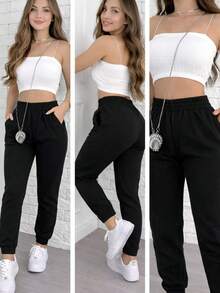 Women's Thick Jogger Sweatpants With High Waist - Black - View 2