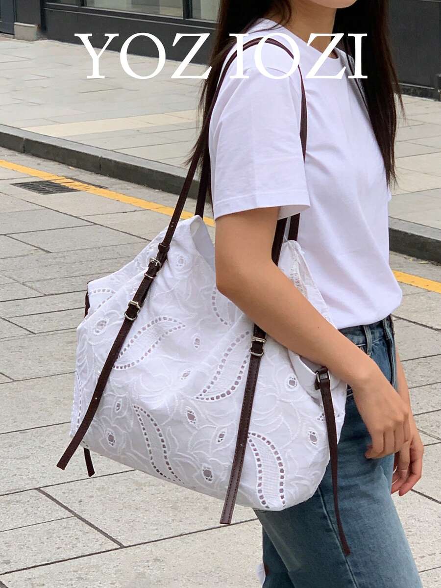 Bolso de lona blanco estilo coreano para volver a la escuela, de gran capacidad y plegable, adecuado para estudiantes universitarios, ir y venir, actividades al aire libre, compras diarias, bolso de hombro de moda para estudiantes - Blanco - Ver 1