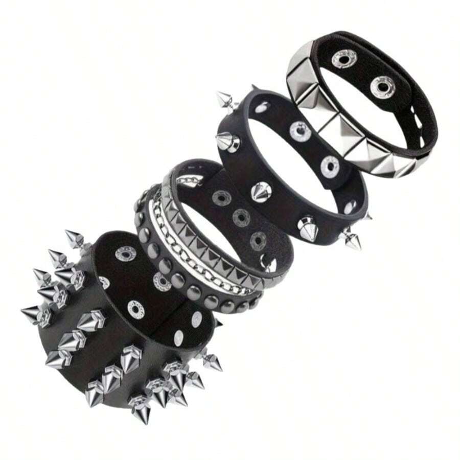 1/4 件套黑色哥特式 PU 皮革铆钉朋克派对男女手链 - 黑色#1 - 查看 1