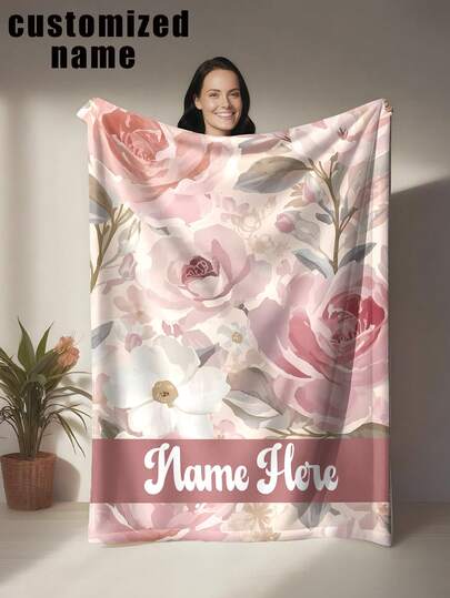 Customizable Floral Throw Blanket, Featuring Soft Pink Roses, White Flowers, And Gray-Green Leaves In A Layered, Harmonious Design. Made Of Knitted Flannel Fabric With Digital Printing, Comfortable And Warm For All Seasons. Versatile For Sofa, Bed, Travel, Camping, Office - Easy Care, Ideal For Relaxation, Camping And Travel.