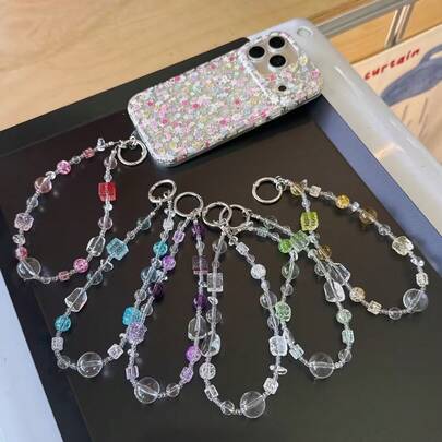 1条奢华水晶串珠手机挂绳，短款能量石腕带手机饰品