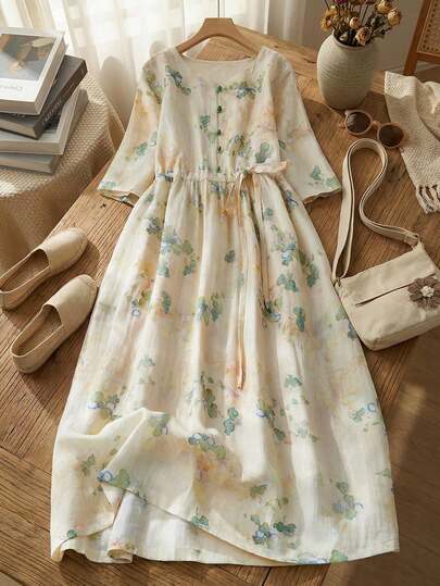 女士V领纽扣印花连衣裙，春夏款