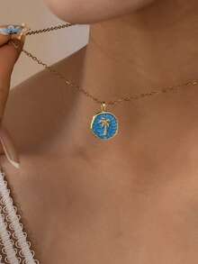 1 pieza Collar con colgante de esmalte azul con tema oceánico para mujeres - 12 estilos de encantos de playa (árbol de palma, caballito de mar, estrella de mar, tortuga) - Joyería de moda minimalista de verano para uso diario y vacaciones - Multicolor - Ver 4