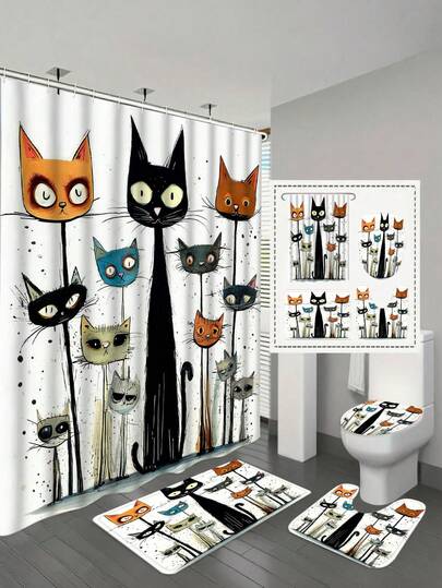 Juego de 1/4 piezas de cortina de ducha con estampado de gato divertido, hecho de tela de poliéster impermeable, decoración del hogar minimalista moderna, incluye tapa de inodoro, alfombra de baño en forma de U antideslizante, con 12 ganchos. Adecuado para la decoración del baño de vuelta al colegio.