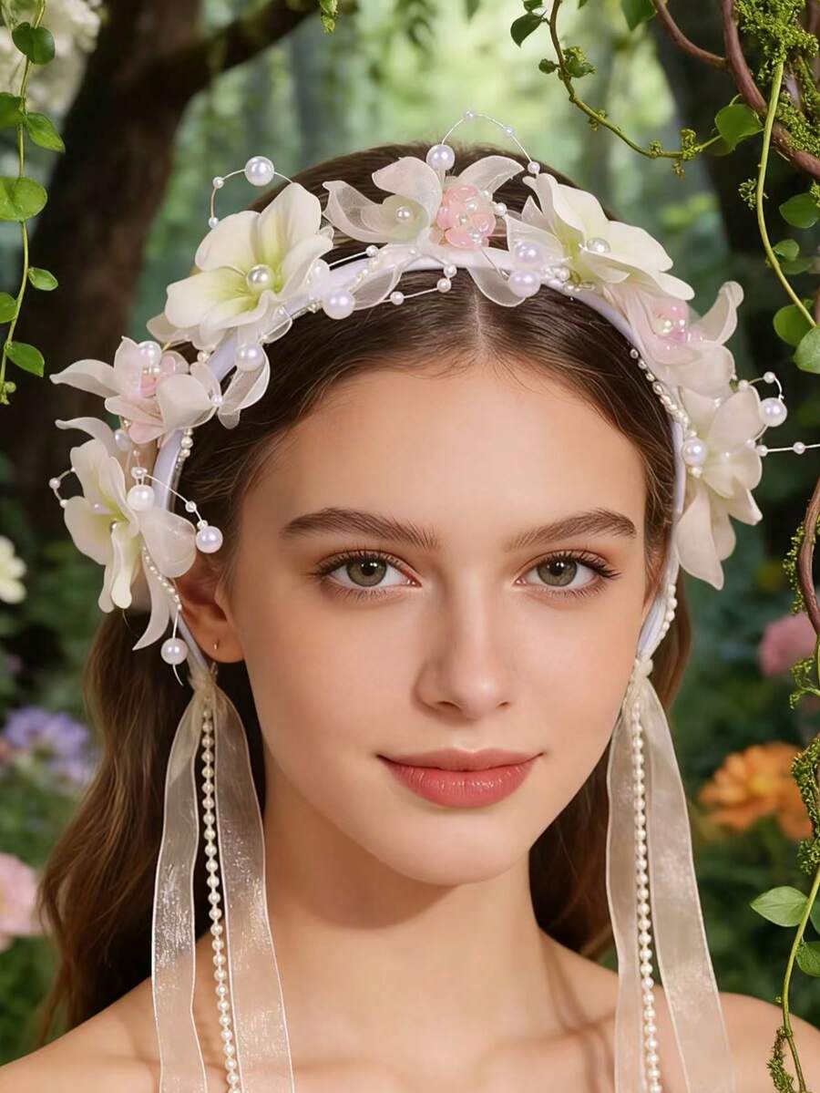 1pc Ethereal Flower Crown With Long Ribbons Hair Hoop, New Fairy Style Headband, Non-Tight Flyaway Hair Accessory - White Green - View 1