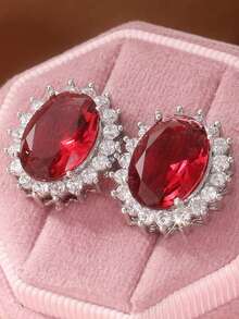 Pendientes de joyería de boda de lujo para mujeres, a juego con circonita cúbica roja, exquisitos y elegantes, el regalo perfecto para tu ser querido - Plateado - Ver 6